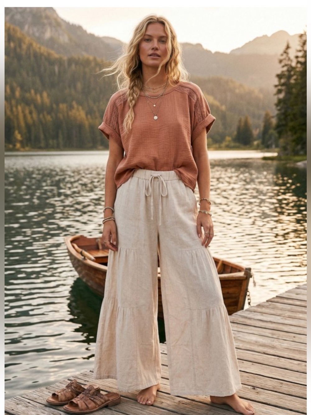 2017. Linen blend tiered wide leg palazzo pant in natural